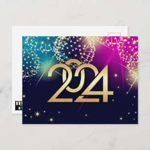 Happy New Year 2024. Fireworks  Postcard
