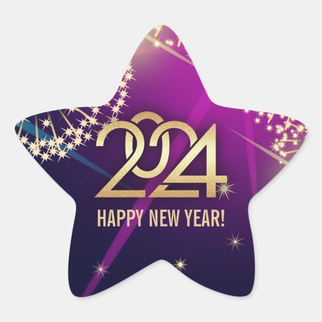 Happy New Year 2024. Fireworks  Star Sticker (Front)