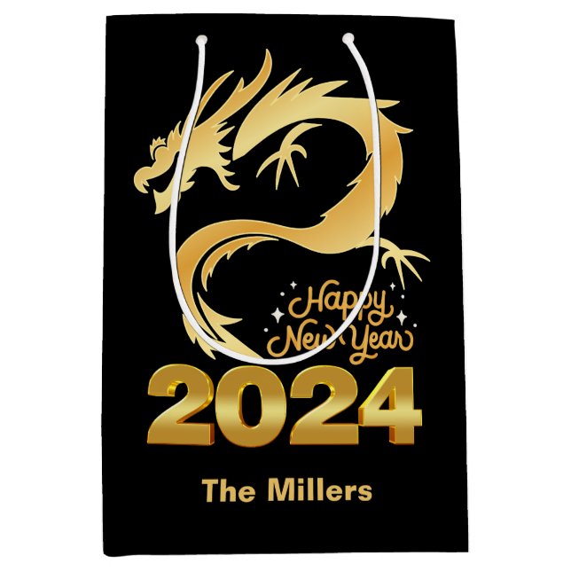 Happy New Year 2024 Golden Chinese Dragon Black Medium Gift Bag (Front)