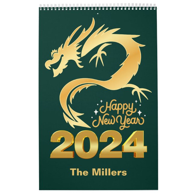 Happy New Year 2024 Golden Chinese Dragon Green Calendar (Cover)