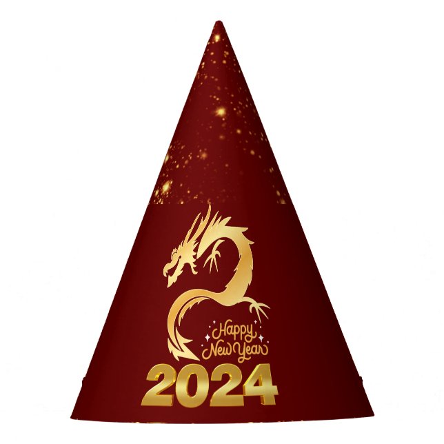 Happy New Year 2024 Golden Chinese Dragon Red Party Hat (Front)