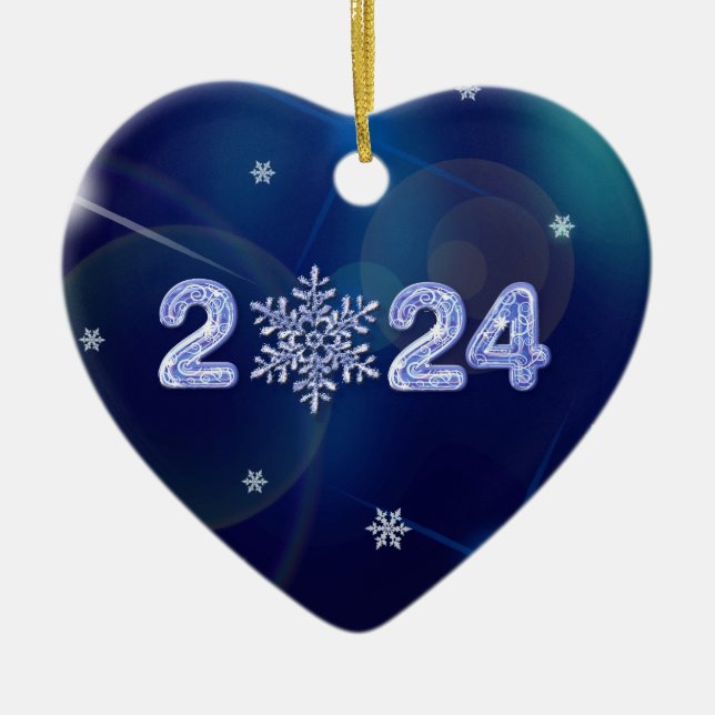 Happy New Year 2024. Ice Numbers and Snowflake Ceramic Ornament (Front)