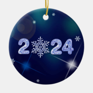 Happy New Year 2024 Ice Numbers and Snowflake  Ceramic Ornament