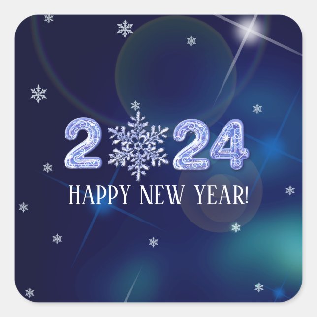 Happy New Year 2024. Ice Numbers & Snowflake  Square Sticker (Front)