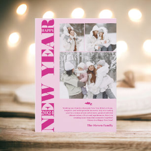 Happy New Year 2024 modern festive 3 photos pink Holiday Card