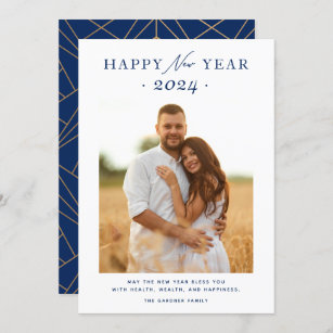 Happy New Year 2024 Navy Blue Gold Geometric Photo Holiday Card