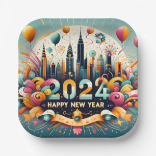 Happy New Year 2024 Paper Plate