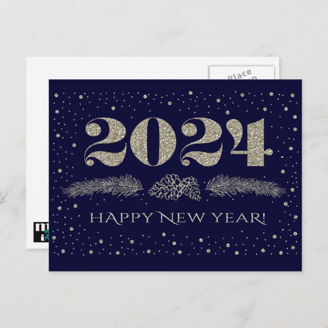 Happy New Year 2024. Pine Branches Holiday Postcard (Front/Back)