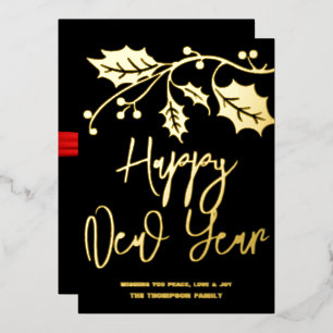 Happy New Year 2024, red ribbon Foil Holiday Card