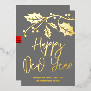 Happy New Year 2024, red ribbon Foil Holiday Card
