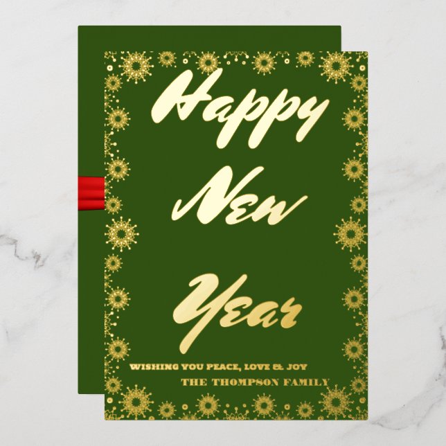 Happy New Year 2024 Retro Green Ribbon Foil Holiday Card (Front/Back)