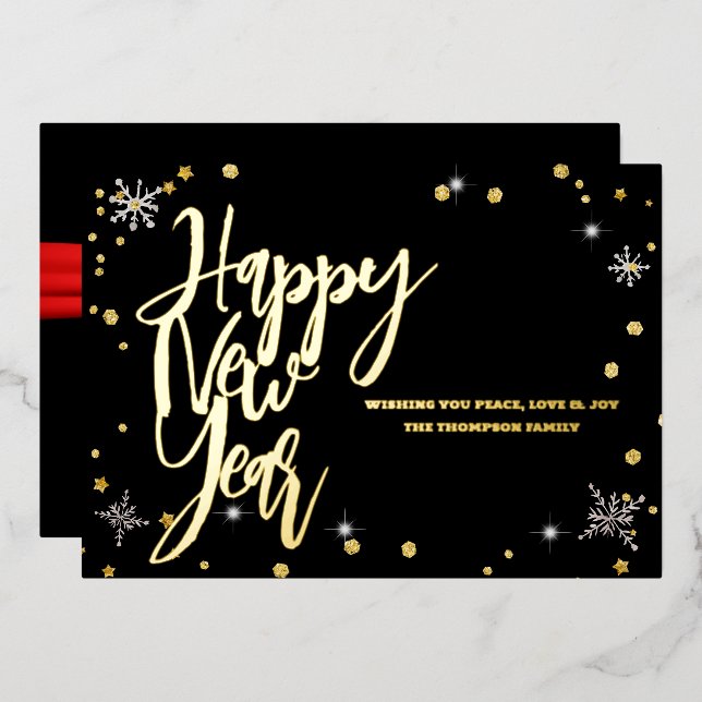 Happy New Year 2024 Retro Red Ribbon Foil Holiday Card (Front/Back)
