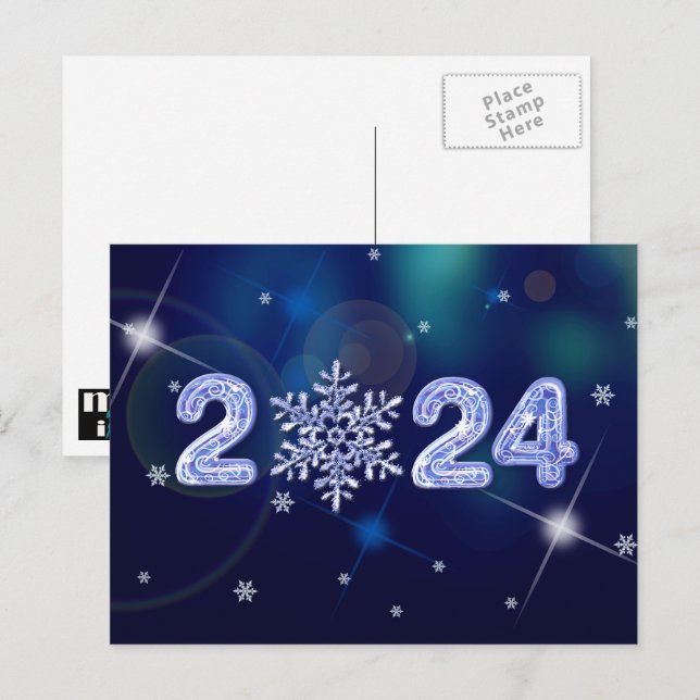 Happy New Year 2024. Snowflake and Ice Numbers Holiday Postcard (Front/Back)