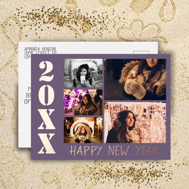 Happy New Year 2025 5 Photo Collage  Foil Holiday Postcard (Creator Uploaded)
