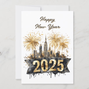 Happy New Year 2025 Black and Gold, Fireworks,  Holiday Card