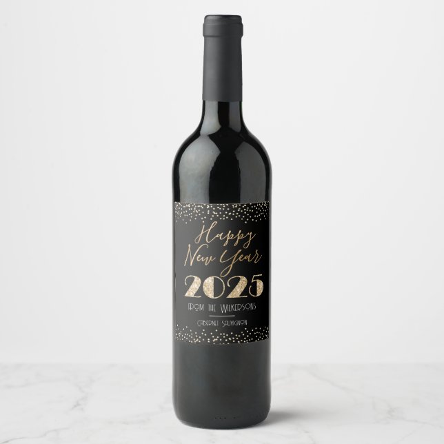 Happy New Year 2025 Black & Gold Custom Name Wine Label (Front)