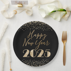 Happy New Year 2025 Black & Gold Glitter Diamonds Paper Plate