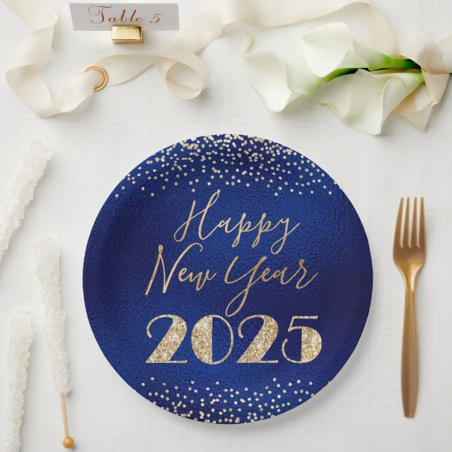 Happy New Year 2025 Blue and Gold Glitter Diamonds Paper Plate (Wedding)