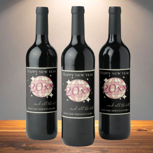 Happy new year 2025 celebration black party drinks wine label