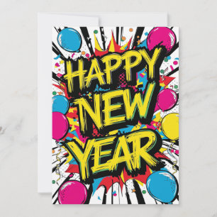 Happy New Year 2025 Colourful Bursting Pop Art Holiday Card