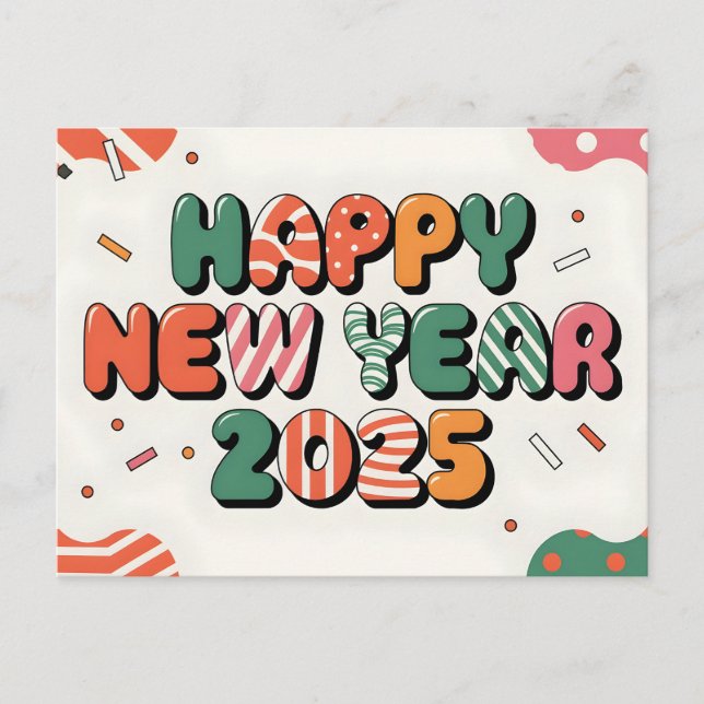 Happy New Year 2025 Colourful Celebration Holiday Postcard (Front)