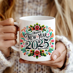 "Happy New Year 2025" Colourful Mexican Fiesta  Coffee Mug