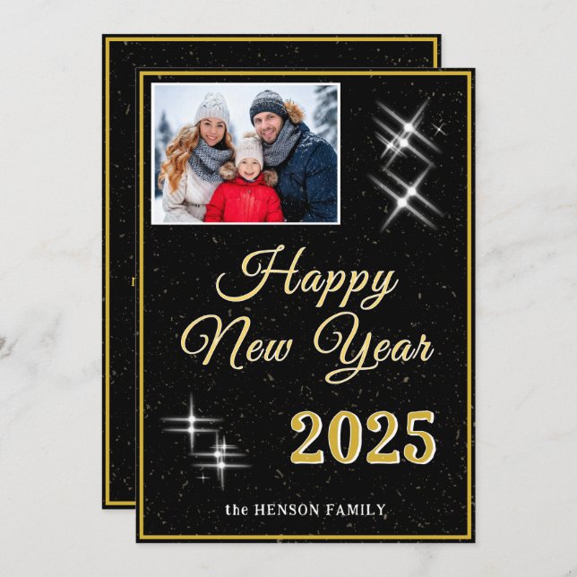 Happy New Year 2025 Elegant Sparkles Photo Holiday Card (Front/Back)