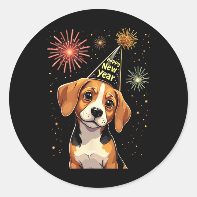 Happy New Year 2025 Eve Firework Dog Funny Beagle  Classic Round Sticker (Front)