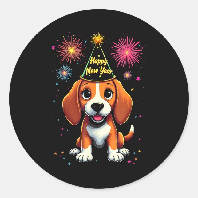 Happy New Year 2025 Eve Firework Dog Funny Beagle  Classic Round Sticker (Front)