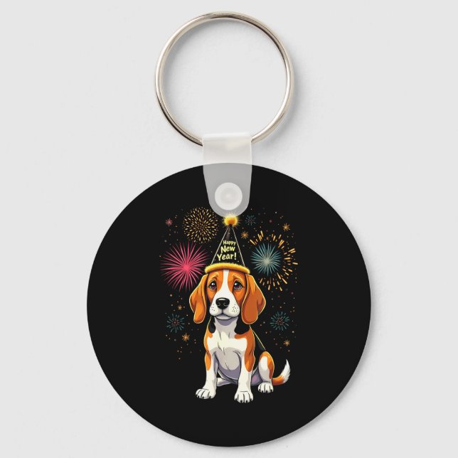 Happy New Year 2025 Eve Firework Dog Funny Beagle  Key Ring (Front)