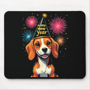 Happy New Year 2025 Eve Firework Dog Funny Beagle  Mouse Pad