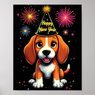 Happy New Year 2025 Eve Firework Dog Funny Beagle Poster