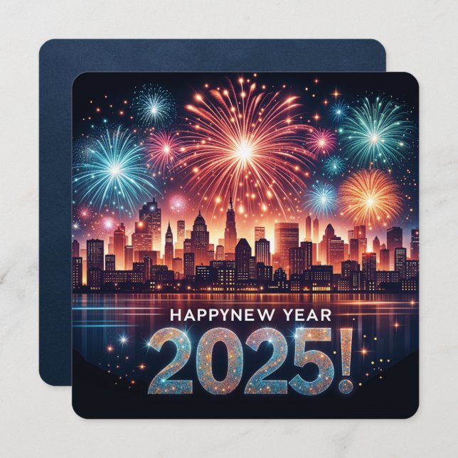 Happy New Year 2025 Fireworks Cityscape Greeting C Holiday Card (Front/Back)