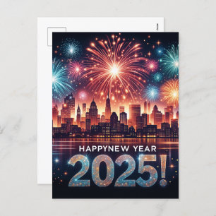 Happy New Year 2025 Fireworks Cityscape Holiday Postcard