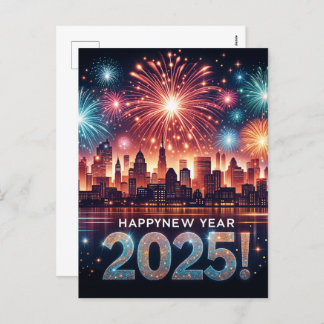 Happy New Year 2025 Fireworks Cityscape Holiday Postcard