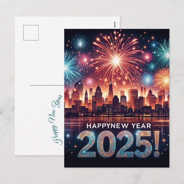 Happy New Year 2025 Fireworks Cityscape Holiday Postcard (Front/Back)