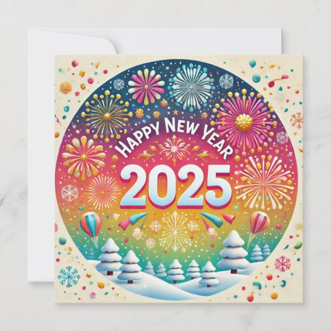 Happy New Year 2025 Fireworks People Cheers Holiday Card (Front)