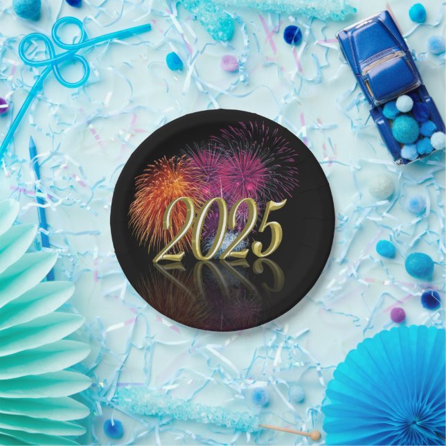 Happy New Year 2025 Gold Fireworks Paper Plate (Party)