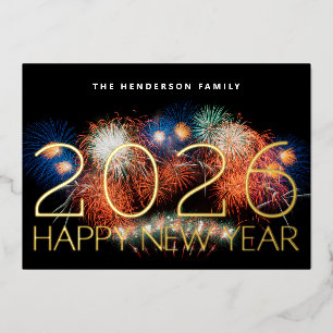 HAPPY NEW YEAR 2025 GOLD FIREWORKS PHOTO BACK FOIL HOLIDAY CARD