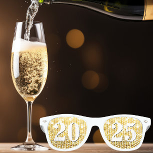 Happy New Year 2025 Gold Glitter Chic White Party Retro Sunglasses