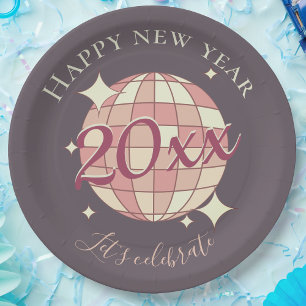 Happy new year 2025 year's eve party retro decor paper plate