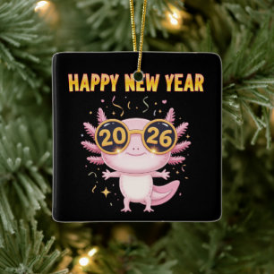 Happy New Year 2026 Axolotl Cute Party Ceramic Ornament