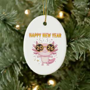 Happy New Year 2026 Axolotl  Cute Party Ceramic Ornament