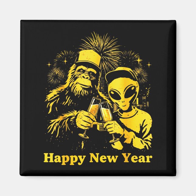 Happy New Year 2026 Bigfoot Alien Lovers New Years Magnet (Front)