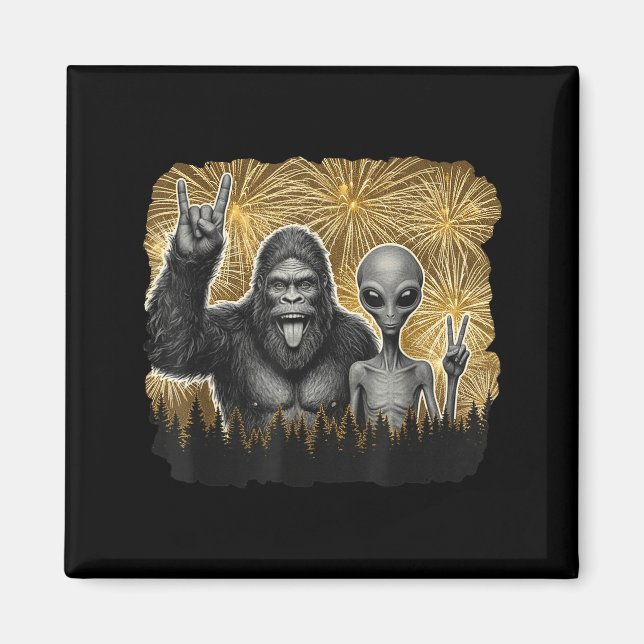 Happy New Year 2026 Bigfoot Alien Lovers New Years Magnet (Front)