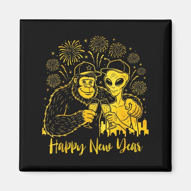 Happy New Year 2026 Bigfoot Alien Lovers New Years Magnet (Front)