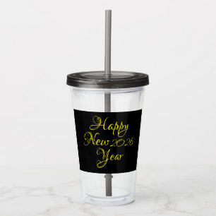 Happy New Year 2026 Black and Yellow Script Acrylic Tumbler
