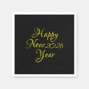 Happy New Year 2026 Black and Yellow Script Napkin