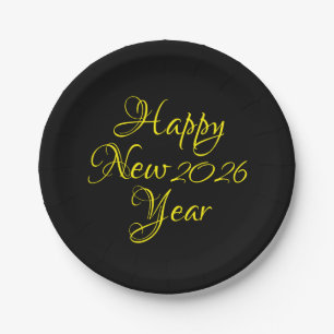 Happy New Year 2026 Black and Yellow Script Paper Plate