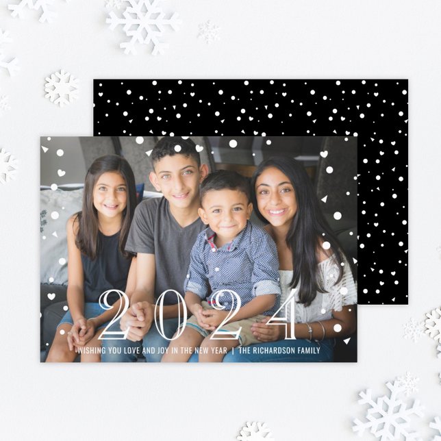 Happy New Year 2026 Black White Confetti Photo Holiday Card (Creator Uploaded)